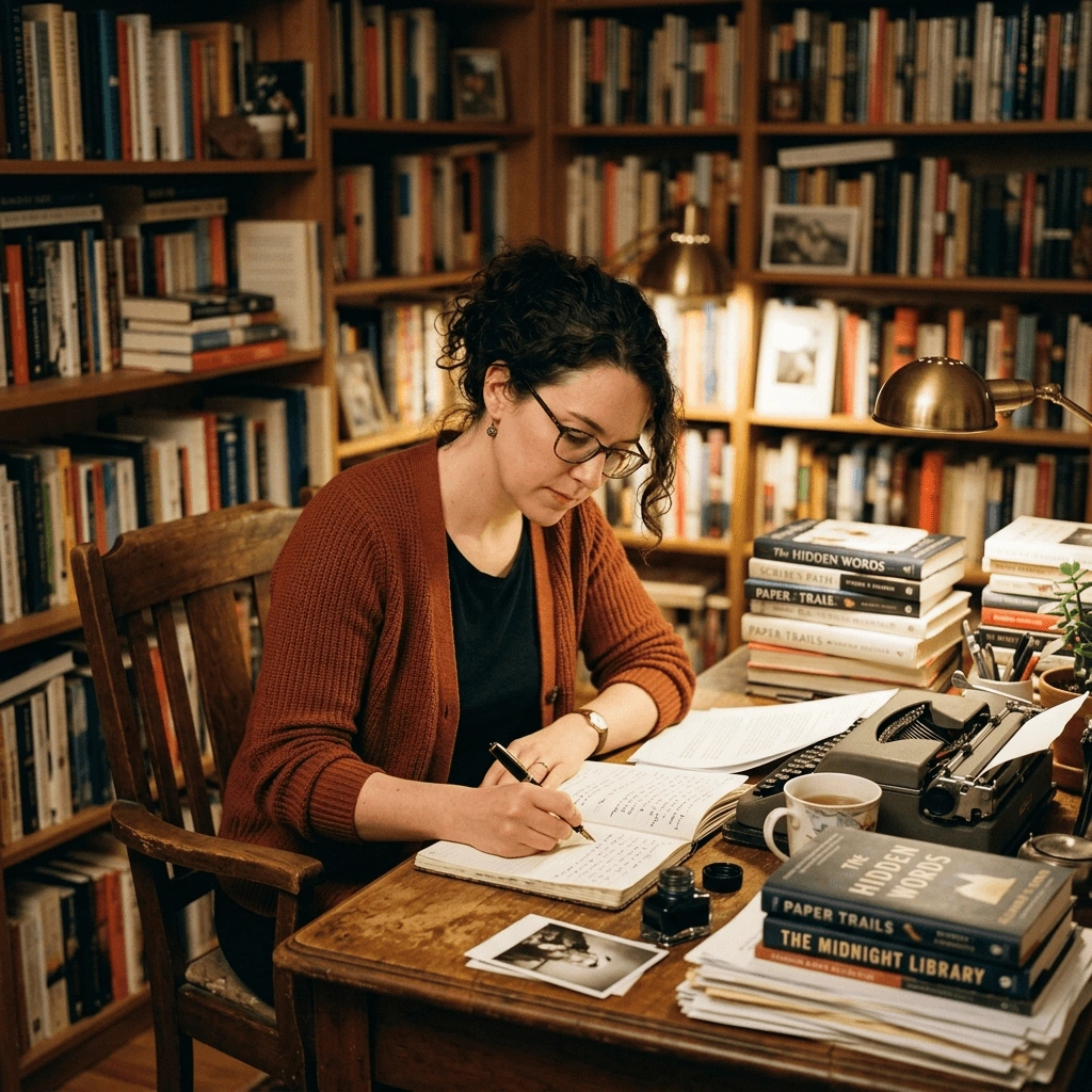 Portrait of a writer sitting at a desk surrounded by books with Nano Banana